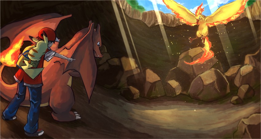 pikachu, red, charizard, and moltres (pokemon and 1 more) drawn by lai_(pixiv1814979)