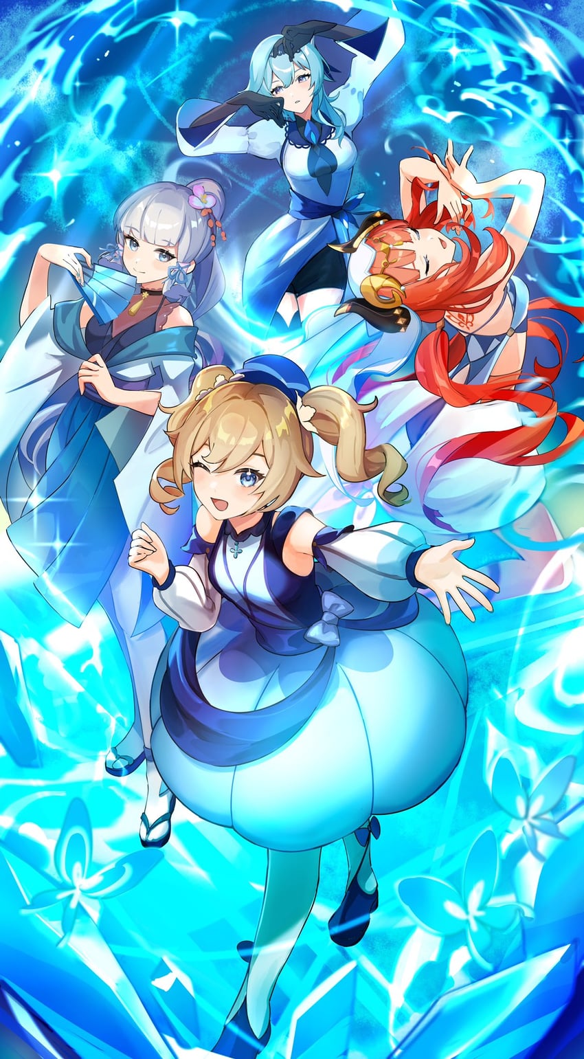 kamisato ayaka, eula, nilou, and barbara (genshin impact) drawn by okkobc