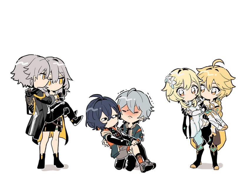 lumine, trailblazer, aether, stelle, caelus, and 2 more (genshin impact and 4 more) drawn by mugime_(oretekisunshine)