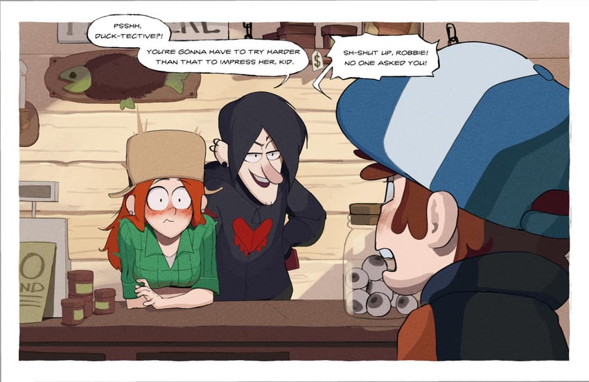 dipper pines, wendy corduroy, and robbie valentino (gravity falls) drawn by amugea and matchattea