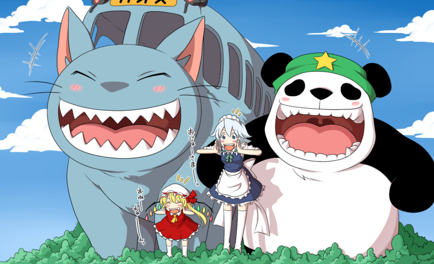 flandre scarlet, izayoi sakuya, hong meiling, and nekobus (touhou and 2 more) drawn by neko_majin