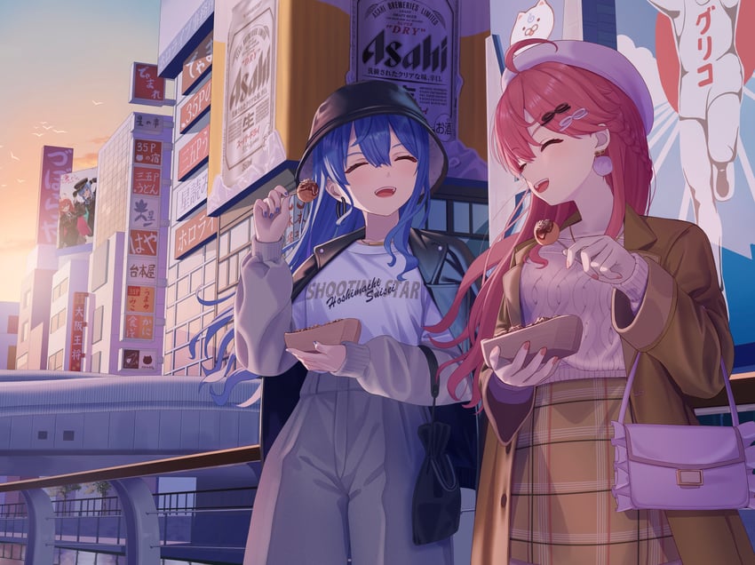hoshimachi suisei, sakura miko, and glico man (hololive and 1 more) drawn by asakura_(asa_t77)