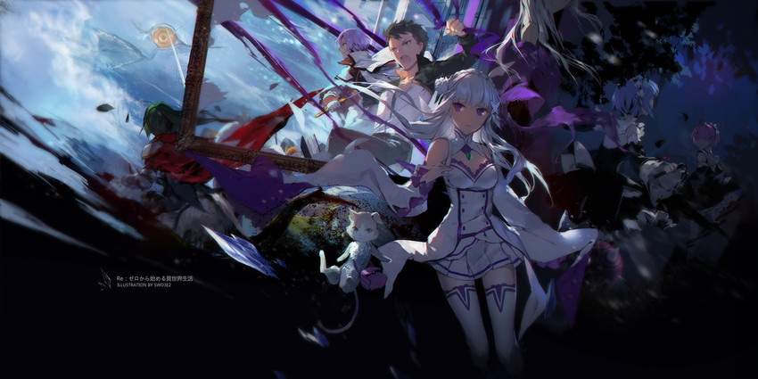 rem, emilia, ram, natsuki subaru, puck, and 4 more (re:zero kara hajimeru isekai seikatsu) drawn by swd3e2