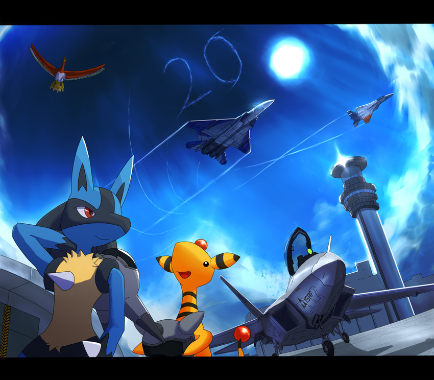 lucario, ampharos, and ho-oh (pokemon) drawn by arena_(skryohei2006)