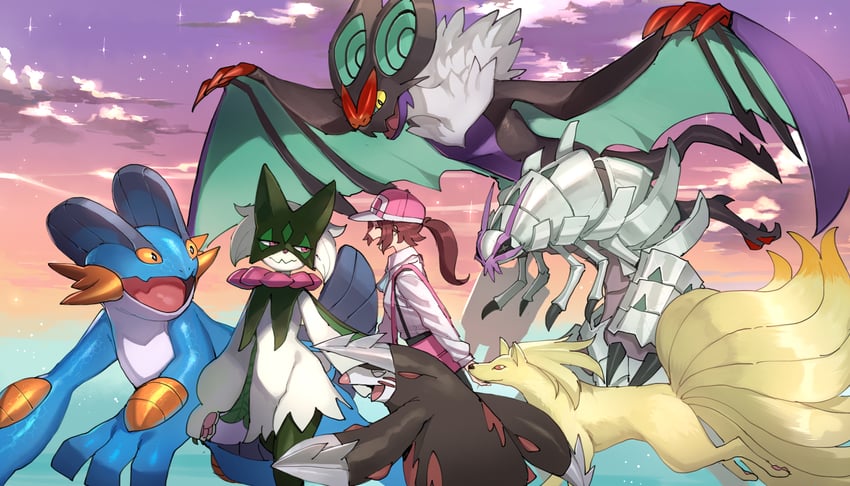 meowscarada, ninetales, swampert, golisopod, noivern, and 1 more (pokemon and 1 more) drawn by ratatatat74