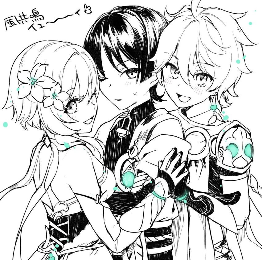 lumine, scaramouche, aether, and wanderer (genshin impact) drawn by reito6