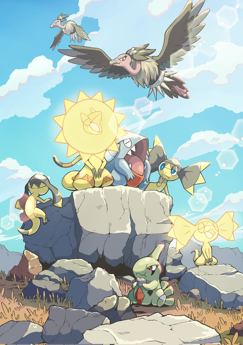 gible, larvitar, helioptile, mandibuzz, and heliolisk (pokemon) drawn by q-chan