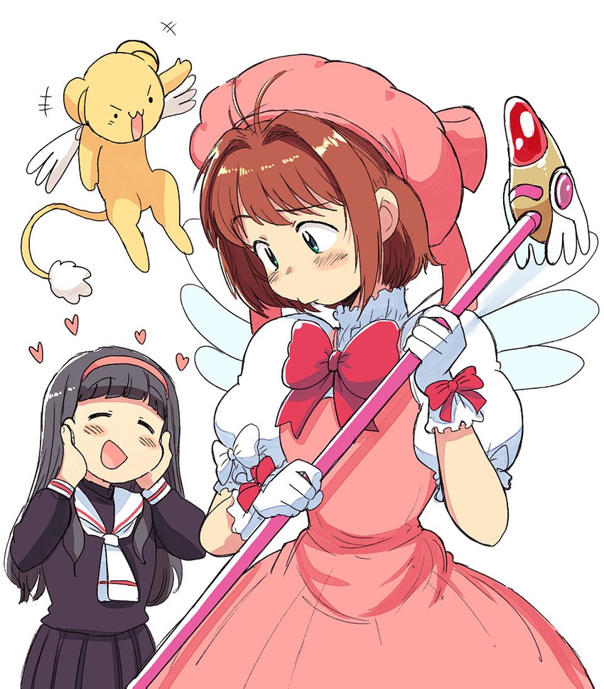 kinomoto sakura, kero, and daidouji tomoyo (cardcaptor sakura) drawn by tsubobot