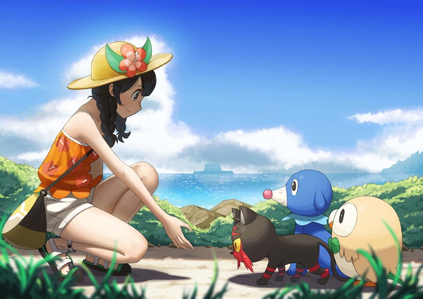 selene, rowlet, popplio, and litten (pokemon and 1 more) drawn by neko_sheep