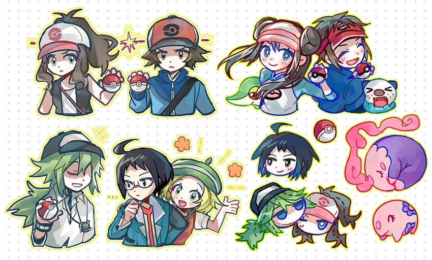 rosa, hilda, hilbert, n, oshawott, and 6 more (pokemon and 2 more) drawn by kong_(6ki3ki)