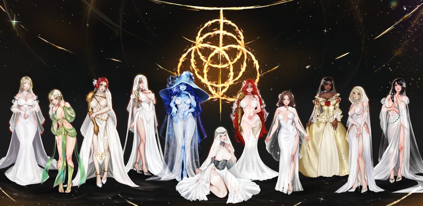 ranni the witch, malenia blade of miquella, melina, rya, millicent, and 6 more (elden ring) drawn by merellyne