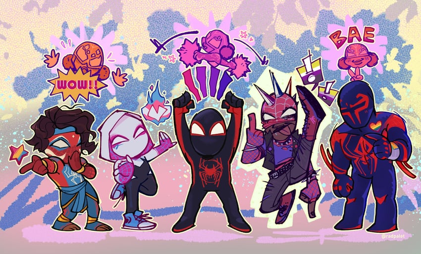 spider-gwen, spider-man, spider-punk, spider-man india, and spider-byte (marvel and 3 more) drawn by radpalet