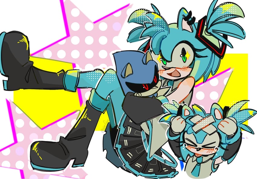 hatsune miku, amy rose, and metal sonic (vocaloid and 1 more) drawn by xue_gin