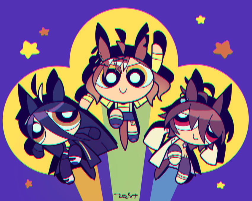agnes tachyon, manhattan cafe, and jungle pocket (umamusume and 2 more) drawn by zest_(lossol)