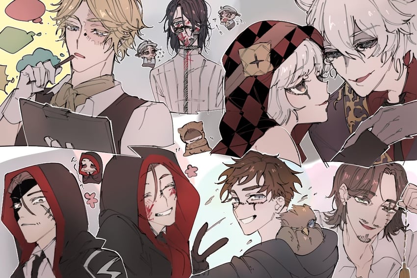 norton campbell, aesop carl, eli clark, naib subedar, tracy reznik, and 2 more (identity v) drawn by wonakira