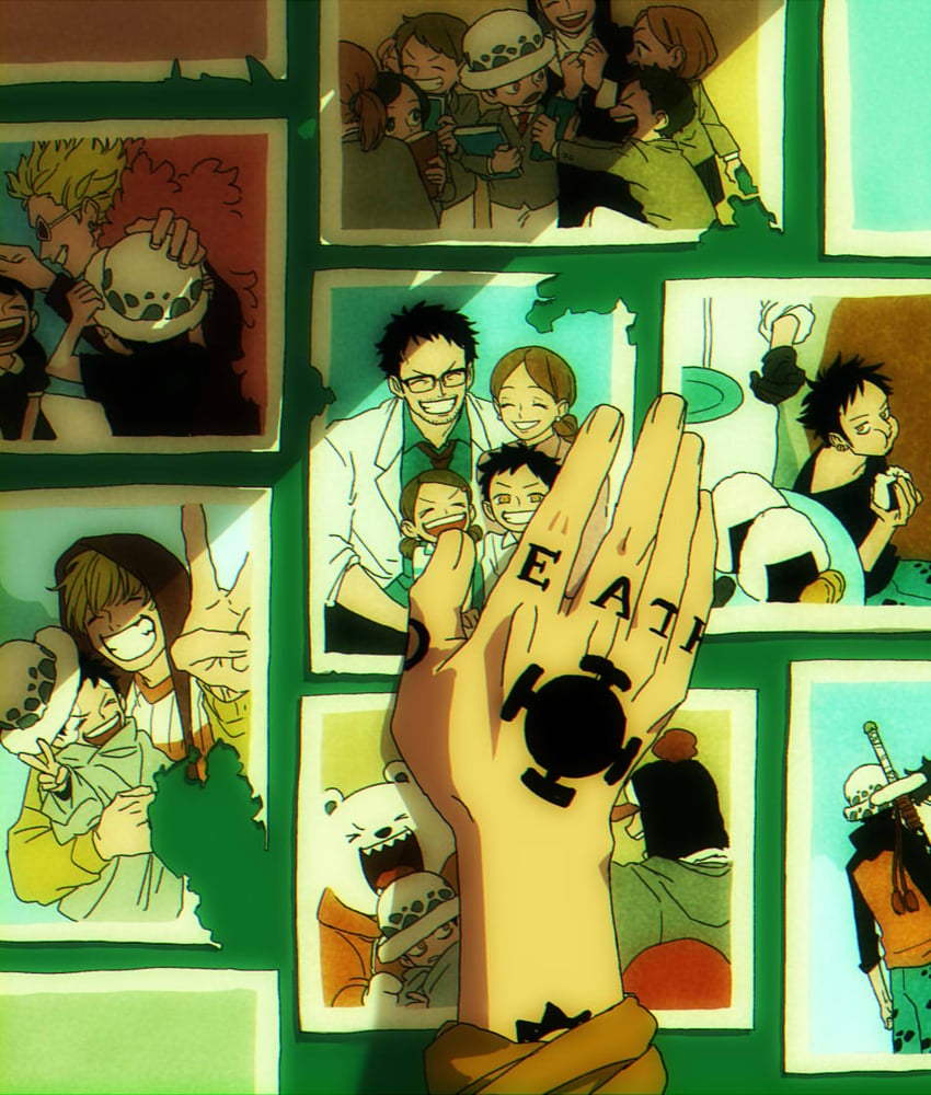 trafalgar law, donquixote doflamingo, donquixote rocinante, bepo, baby 5, and 4 more (one piece) drawn by chizuko_(chiduk0)