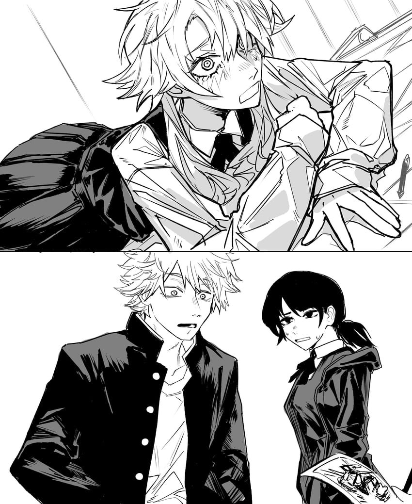denji, mitaka asa, and famine devil (chainsaw man) drawn by heartbreak_juan