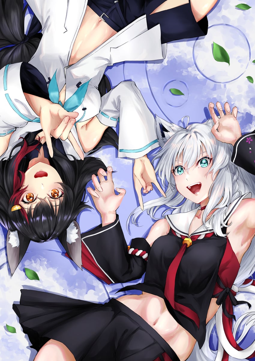 shirakami fubuki and ookami mio (hololive) drawn by asahi_tsujino
