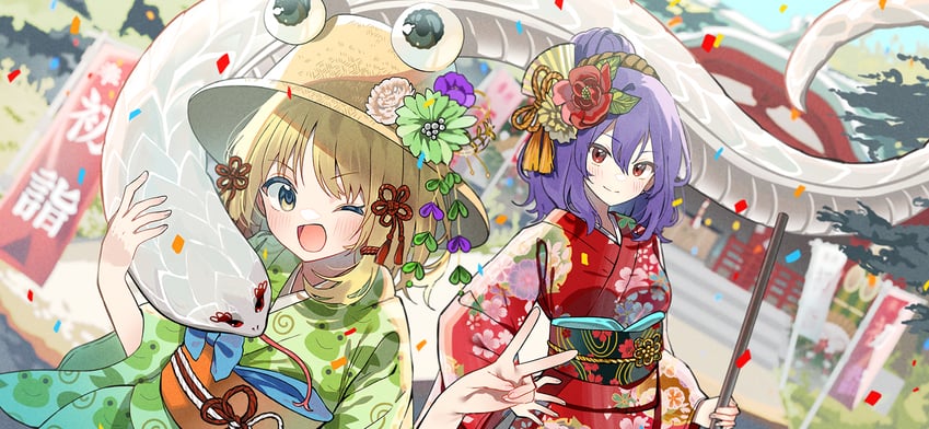 moriya suwako, yasaka kanako, and mishaguji (touhou and 1 more) drawn by tamagogayu1998