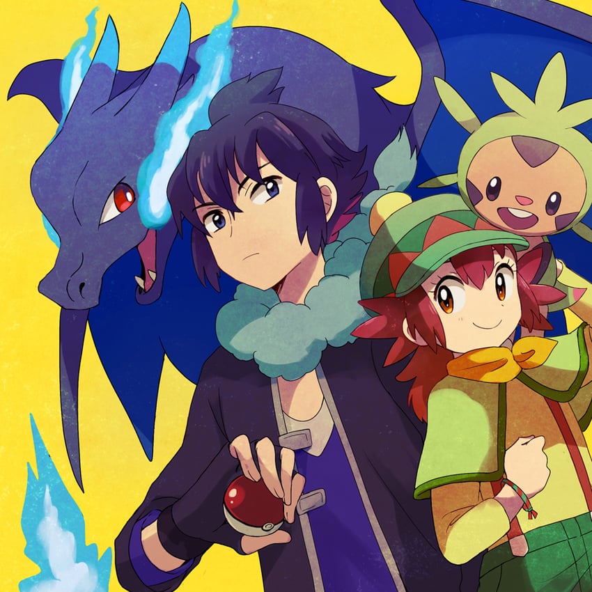 charizard, chespin, mega charizard x, alain, and mairin (pokemon and 1 more) drawn by popcorn_91