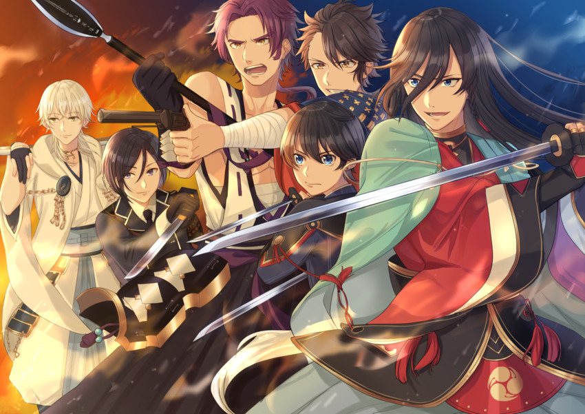 tsurumaru kuninaga, izumi-no-kami kanesada, horikawa kunihiro, yagen toushirou, tonbokiri, and 1 more (touken ranbu and 1 more) drawn by oto_(8731832)