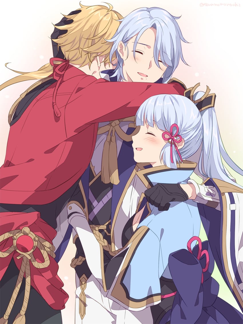 kamisato ayaka, kamisato ayato, and thoma (genshin impact) drawn by soranomonooki