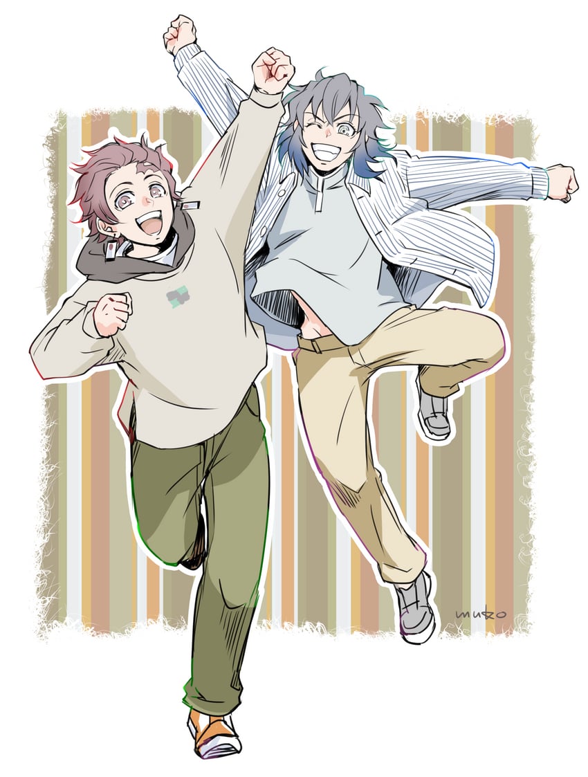 kamado tanjirou and hashibira inosuke (kimetsu no yaiba) drawn by myukom