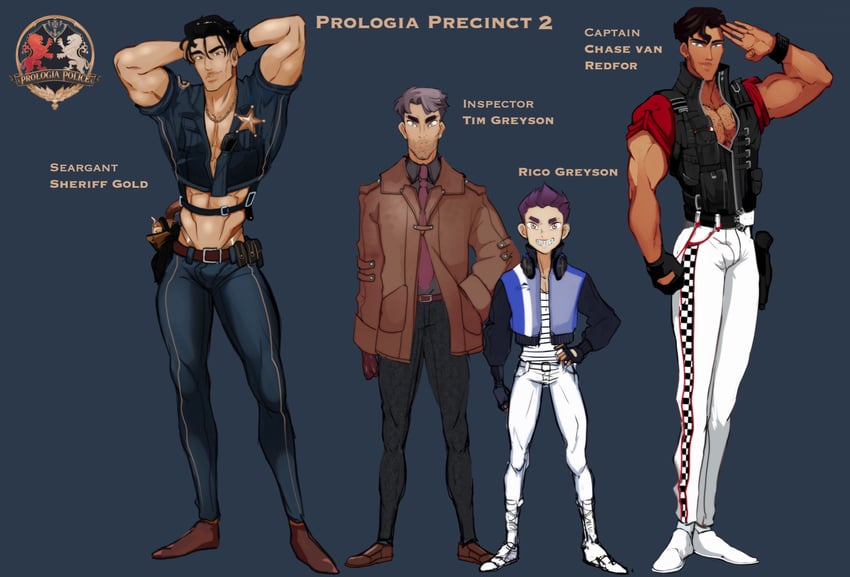 tim greyson, chase van redfor, rico greyson, and sheriff gold (fairytale police hoe department) drawn by idoraad