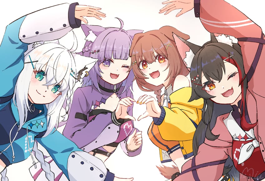 shirakami fubuki, nekomata okayu, ookami mio, and inugami korone (hololive) drawn by mia960