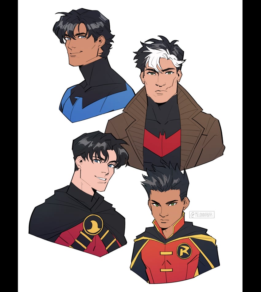 dick grayson, jason todd, nightwing, red hood, damian wayne, and 2 more (dc comics and 1 more) drawn by melonnabar