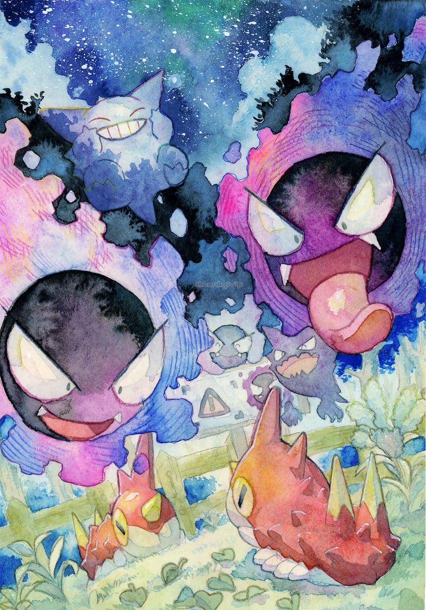 gengar, gastly, haunter, and wurmple (pokemon) drawn by yamanashi_taiki