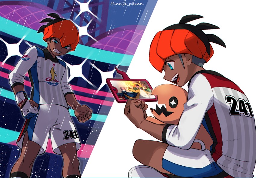 rotom, raihan, rotom phone, dragonite, lance, and 1 more (pokemon and 2 more) drawn by meiji_ken