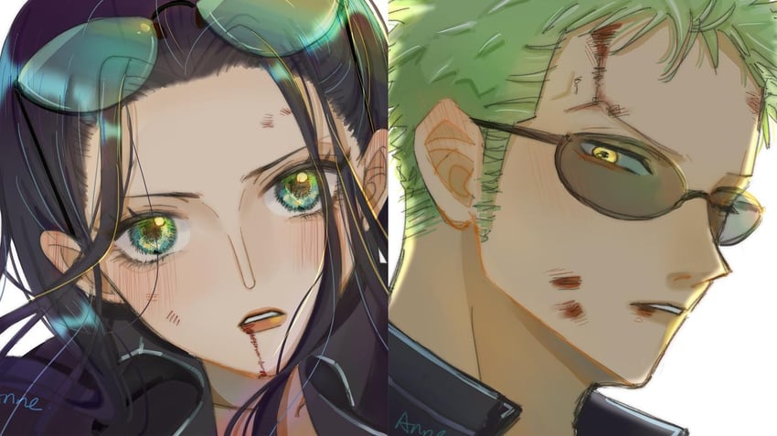 nico robin and roronoa zoro (one piece) drawn by anneredblue