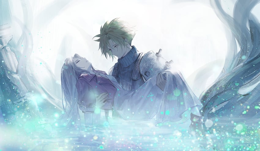 cloud strife and aerith gainsborough (final fantasy and 3 more) drawn by intointt