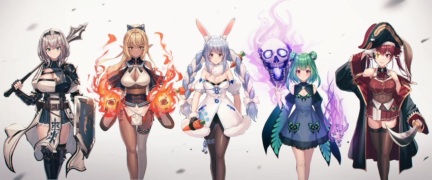 houshou marine, usada pekora, shirogane noel, uruha rushia, shiranui flare, and 1 more (hololive) drawn by mazel_(mazel_star)