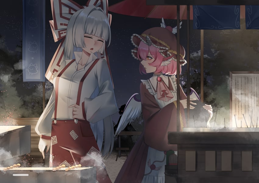 fujiwara no mokou, saigyouji yuyuko, and mystia lorelei (touhou) drawn by no_noru