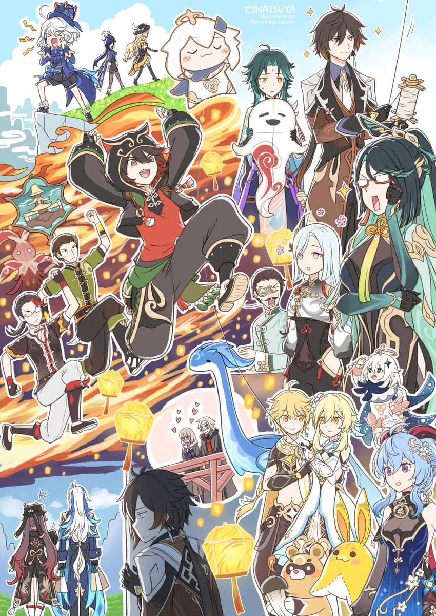 ganyu, lumine, hu tao, aether, furina, and 19 more (genshin impact) drawn by natsuya_(kuttuki)