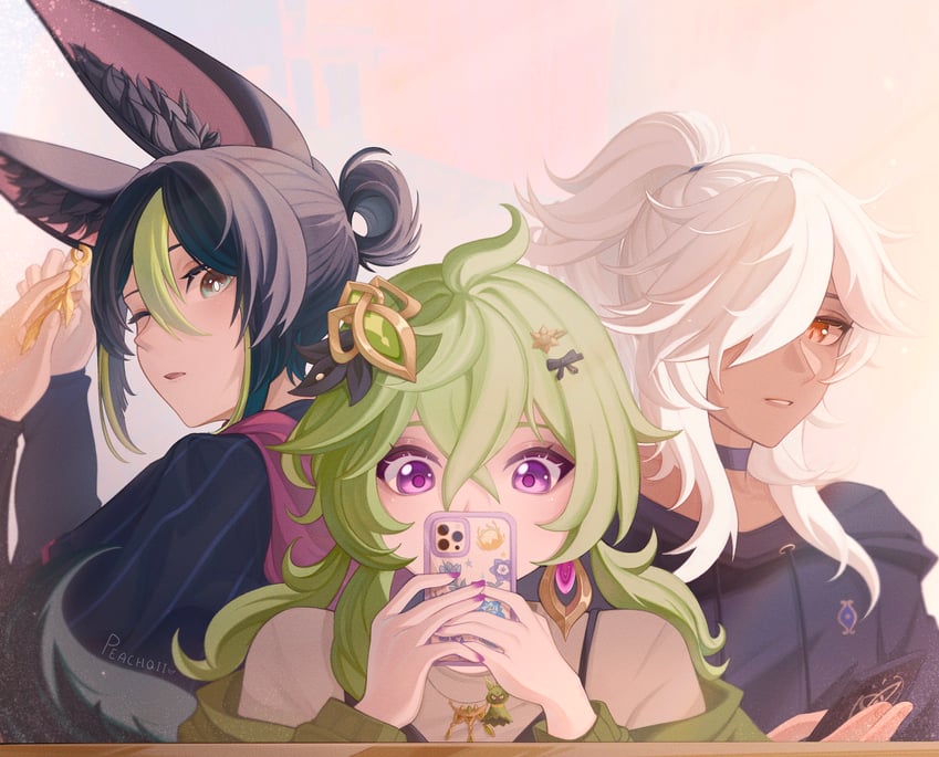 tighnari, cyno, collei, and cuilein-anbar (genshin impact) drawn by peachqii