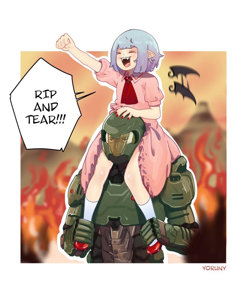 remilia scarlet and doomguy (touhou and 1 more) drawn by yoruny