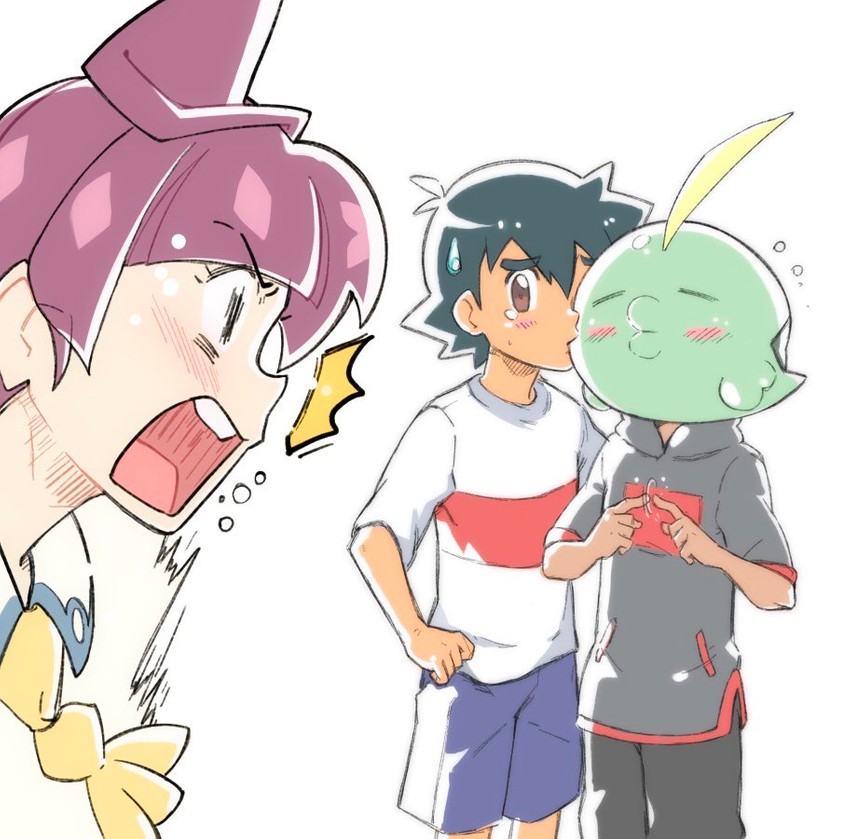 ash ketchum, goh, chloe, and gulpin (pokemon and 1 more) drawn by tama!_(lazyturtle)