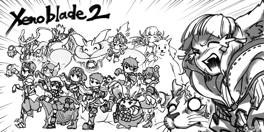 pyra, rex, morag ladair, poppi, brighid, and 9 more (xenoblade chronicles and 1 more) drawn by mizu_no_suke