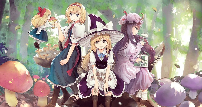 kirisame marisa, alice margatroid, patchouli knowledge, and shanghai doll (touhou) drawn by culter