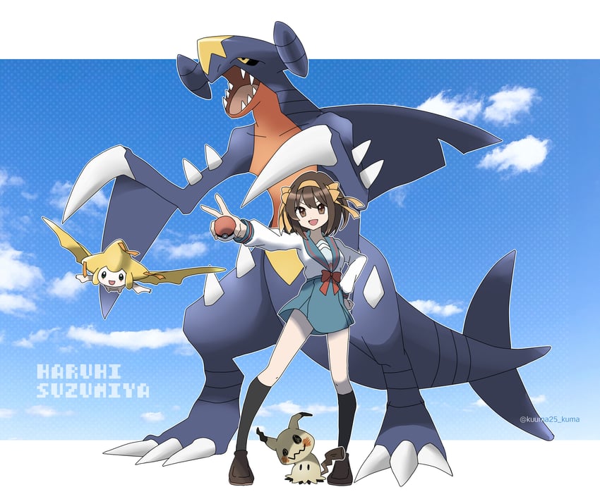 suzumiya haruhi, mimikyu, jirachi, and garchomp (pokemon and 1 more) drawn by kuuma25_kuma