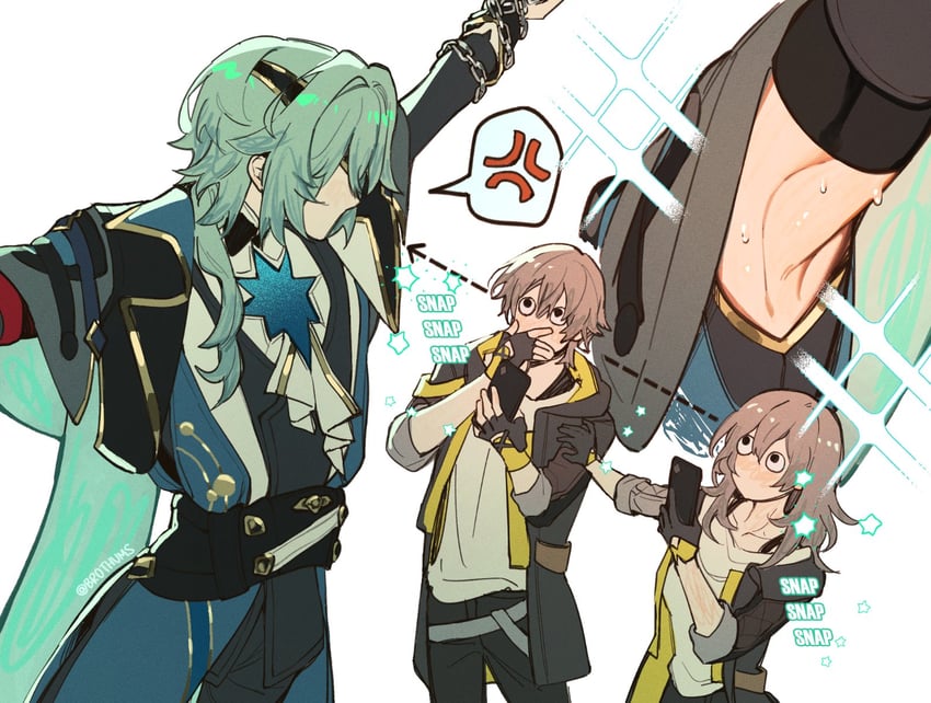 trailblazer, stelle, caelus, and anaxa (honkai and 1 more) drawn by moji00x00x