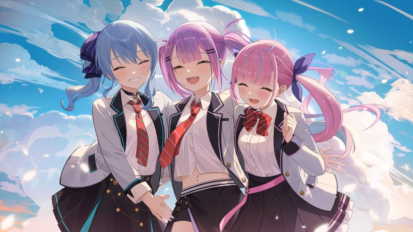 hoshimachi suisei, minato aqua, and tokoyami towa (hololive) drawn by nima_(niru54)