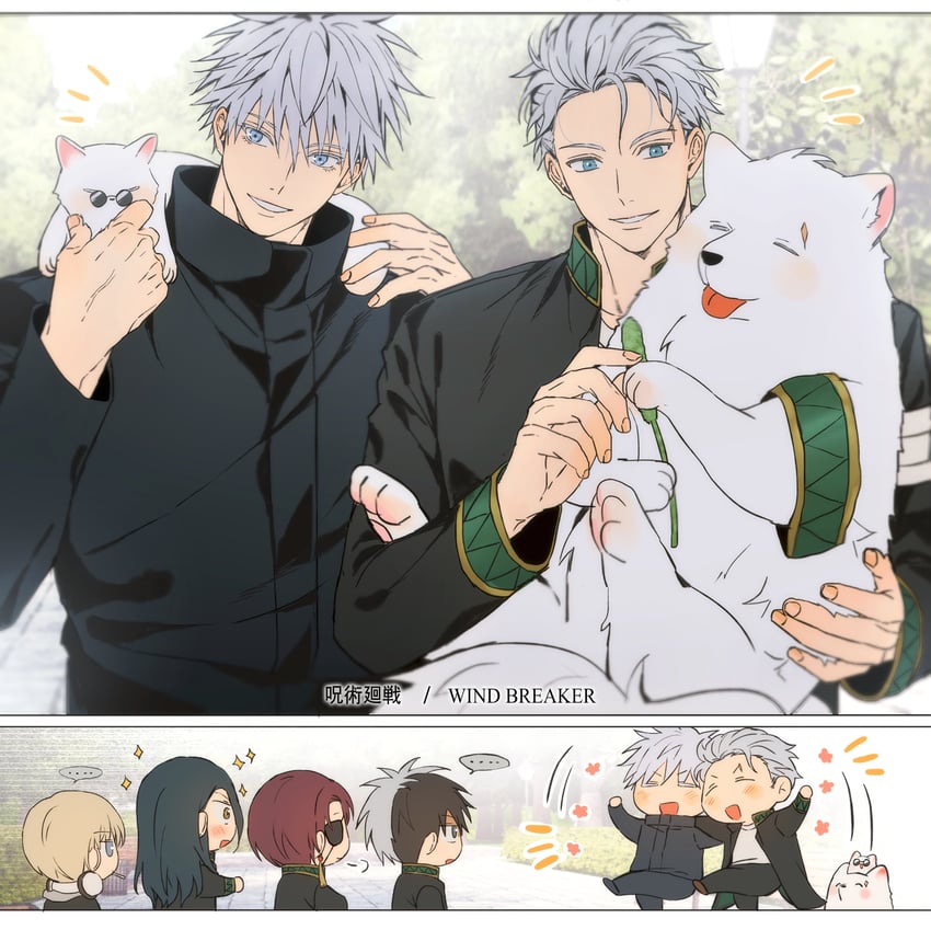 gojou satoru, sakura haruka, suo hayato, umemiya hajime, kaji ren, and 1 more (jujutsu kaisen and 1 more) drawn by yoon_(dmsco1803)