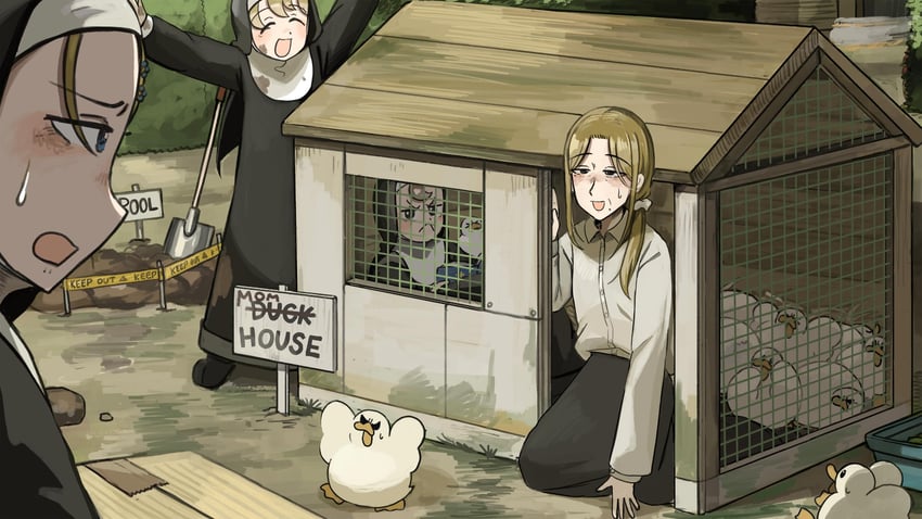 clumsy nun, froggy nun, strict nun, and strict nun's mother (little nuns) drawn by diva_(hyxpk)