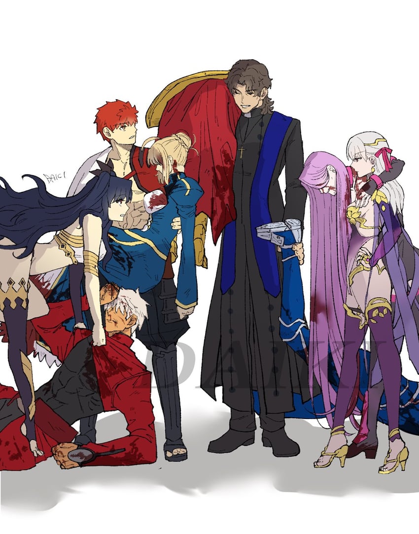artoria pendragon, saber, tohsaka rin, gilgamesh, emiya shirou, and 9 more (fate and 3 more) drawn by syuugou_11