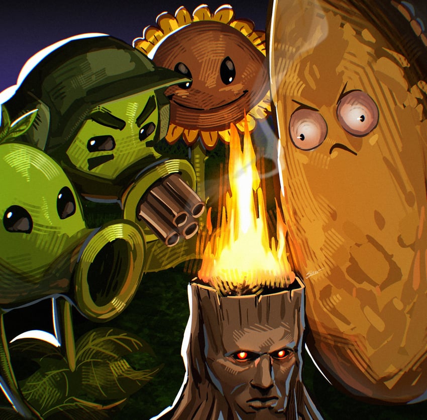 sunflower, peashooter, gatling pea, tall-nut, and torchwood (plants vs. zombies) drawn by real_sixer121
