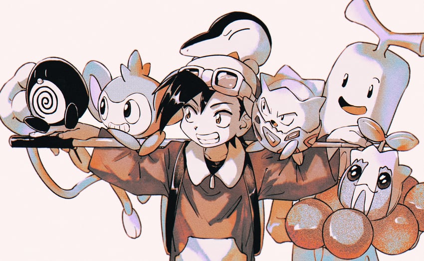 ethan, cyndaquil, togepi, poliwag, aipom, and 2 more (pokemon and 1 more) drawn by funabara_(sksn_herb)